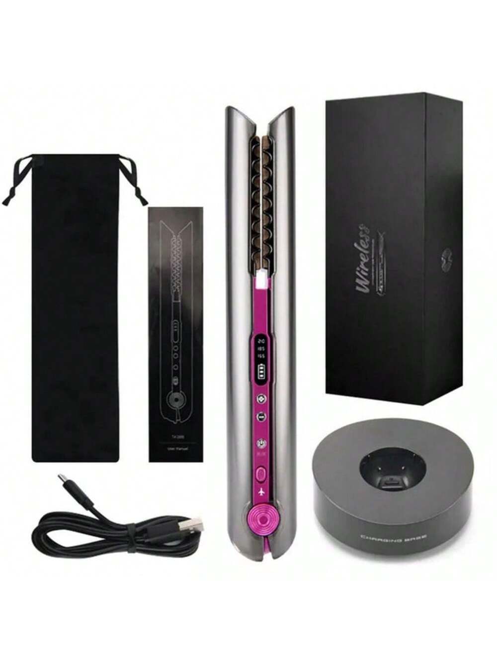 2 IN 1 Wireless Hair Straightener With Charging Base Portable Flat Iron Mini Roller USB 4800mah Portable Cordless Hair Curler