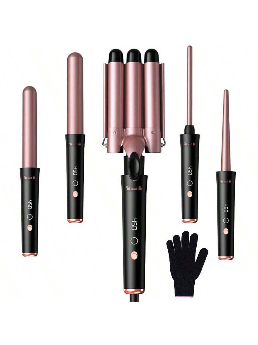 5-In-1 Curling Wand Set, New Hot Professional Curling Iron With 5 Interchangeable Ceramic Coated Barrel, Automatic Shut-Off, Heat-Resistant Glove-Rose Gold
