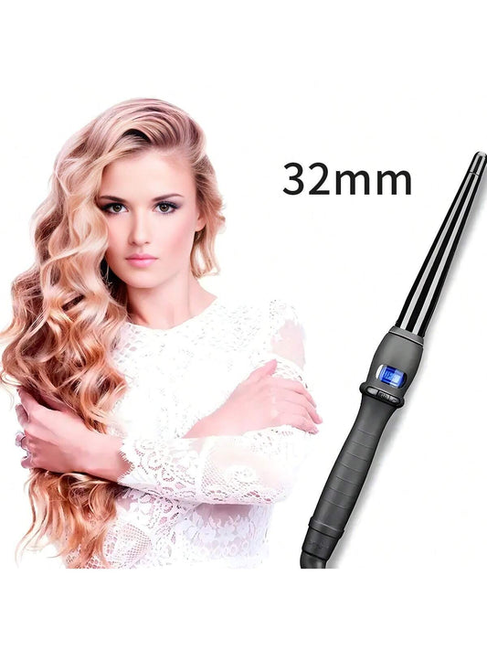 1pc Black 32mm Smart Temp-Controlled Ceramic Curling Iron With Air Bangs & Inner Buckle Feature, Lcd Curling Wand Tool For Hair Curling And Pear Head Styling Etc. Suitable For Both Wet And Dry Hair. With Non-Slip Handle And 360° Rotating Feature