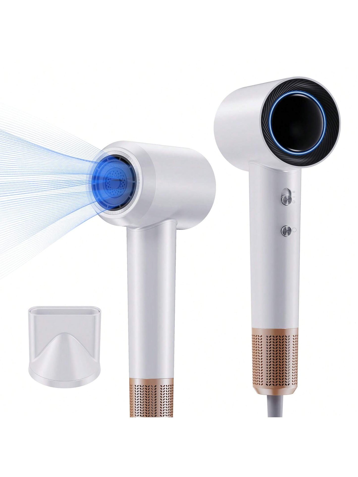 High-Speed Hair Dryer, 110,000RPM Brushless Motor For Fast Drying, 1400W Blow Dryer With Tri-Colour LED Light Ring, Low Noise Ionic Hair Dryer For Home And Travel, Magnetic Nozzle-White