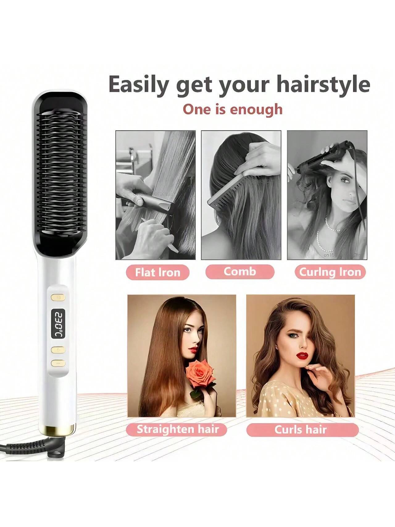 1pc Hair Straightening Brush/Comb & 2-In-1 Curling/Straightening Iron, Quick Heating In 10s. With 17 Temperature Settings And Led Screen. A Professional Hair Styling Tool.