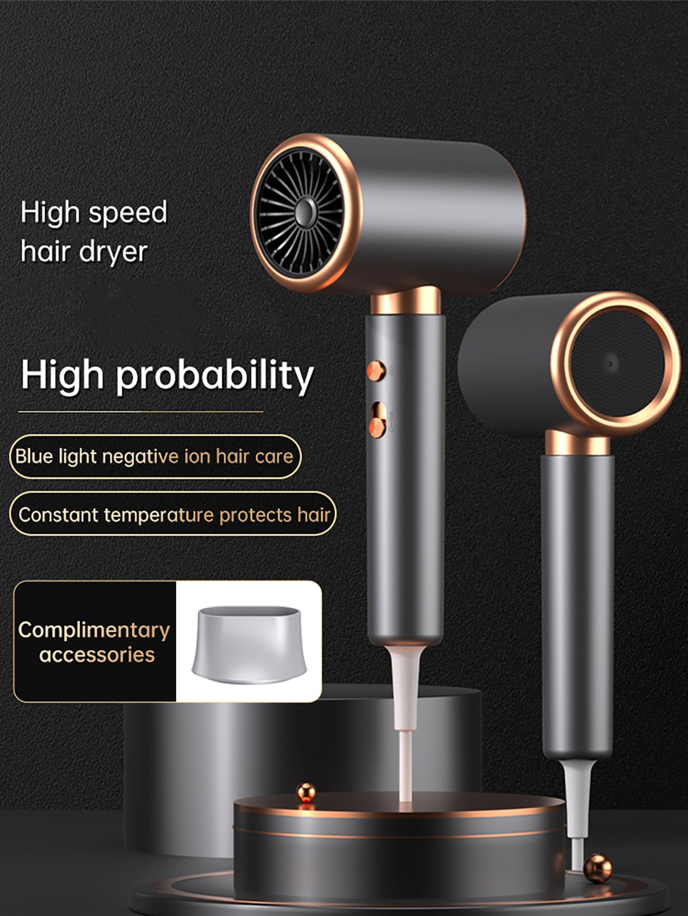1pc Electric Hair Dryer With Nozzle Household Negative Ion Hair Care Dryer With Blue Light 2000W Silent Hot And Cold Wind Hair Dryer
