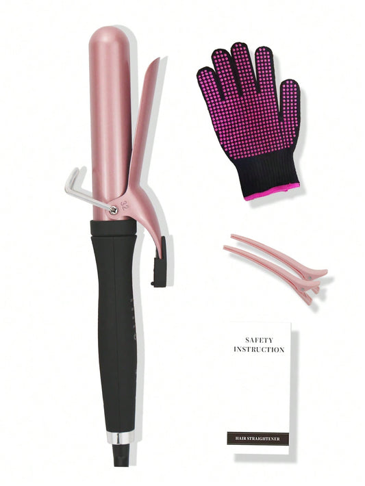2-In-1 Rotatable Power Cord Hair Curler And Hair Straightener Set With Hair Band, Clip, 32mm Curling Wand, Gloves