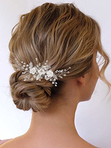 Latious Flower Bride Wedding Hair Comb Silver Pearl Bridal Hair Clip Crystal Hair Piece Hair Accessories for Women and Girls