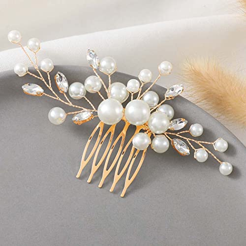 Latious Wedding Bride Pearl Hair Side Comb Gold Rhinestone Bridal Hair Clips Crystal Hair Pieces Hair Accessories for Women and Girls (T- Gold)