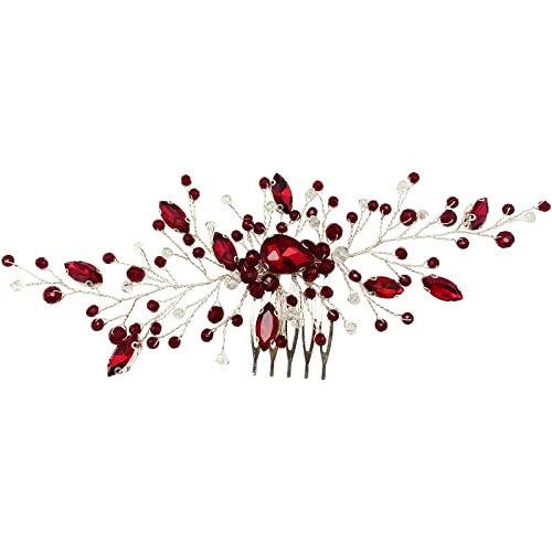Bridal Wedding Hair Comb Wine Red Crystal Sliver Hair Vine Piece Accessories for Women Girls Party Banquet (Wine Red)