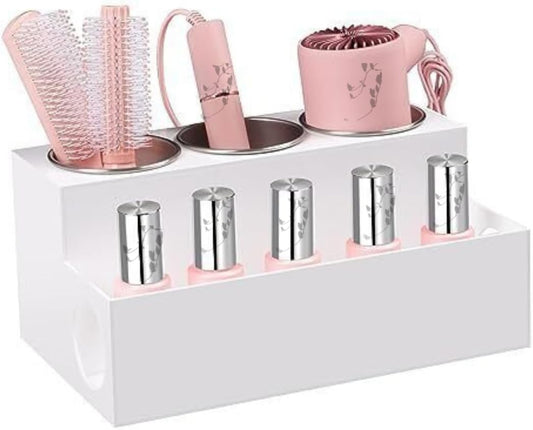 White Hair Dryer Holder, Wooden Countertop Hair Accessories Organizer For Bathroom, Blow Dryer Holder. Hair Appliance Holder, Storage Stand for Makeup Toiletries with Cord Wrap Organizer