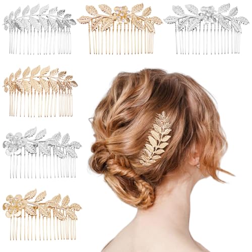 6 PCS Leaf Hair Side Combs Gold Rhinestone Hair Comb Clips with Teeth Wedding Headpiece Hair Accessories for Women, Girls, Bride, Bridesmaid(Gold and Silver)