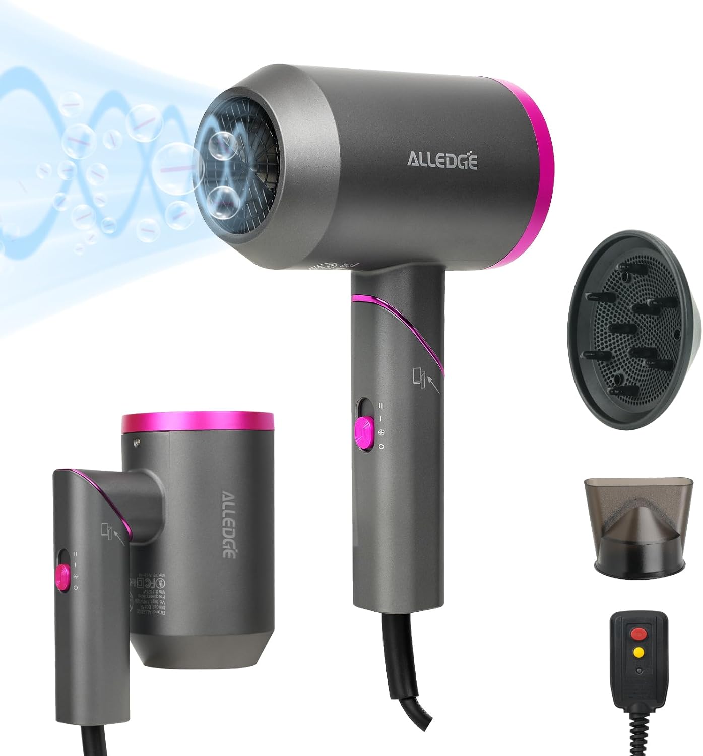 Hair Dryer with Diffuser 1850W Ionic Travel Blow Dryer Foldable Hair Dryer Fast Drying for Women Thick and Curly Hair Without Hair Damage