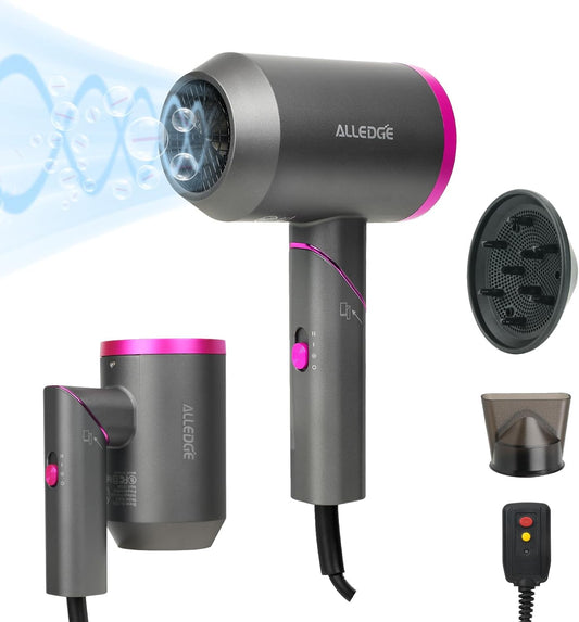 Hair Dryer with Diffuser 1850W Ionic Travel Blow Dryer Foldable Hair Dryer Fast Drying for Women Thick and Curly Hair Without Hair Damage