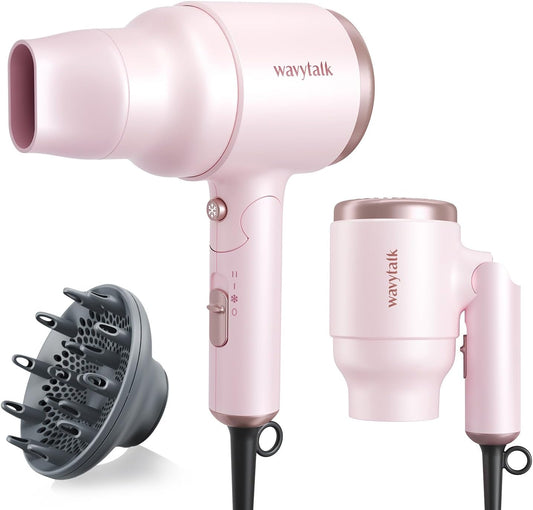 Wavytalk Hair Dryer with Diffuser, Mini Blow Dryer with Folding Handle, 1600W Quiet Lightweight Hairdryer with Diffuser Attachment Compact Design, Pinky White