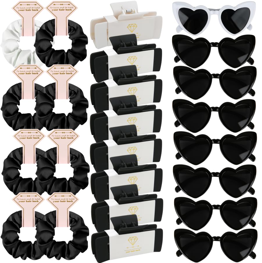 24pcs Bridesmaid Scrunchies Proposal Gifts 4.1inch square Hair Claws Bachelorette Claw Clip Matte Hair Clips Heart Shaped Sunglasses Girls Stuff Cute Hair Clips for Wedding Party Favors(White&Black)