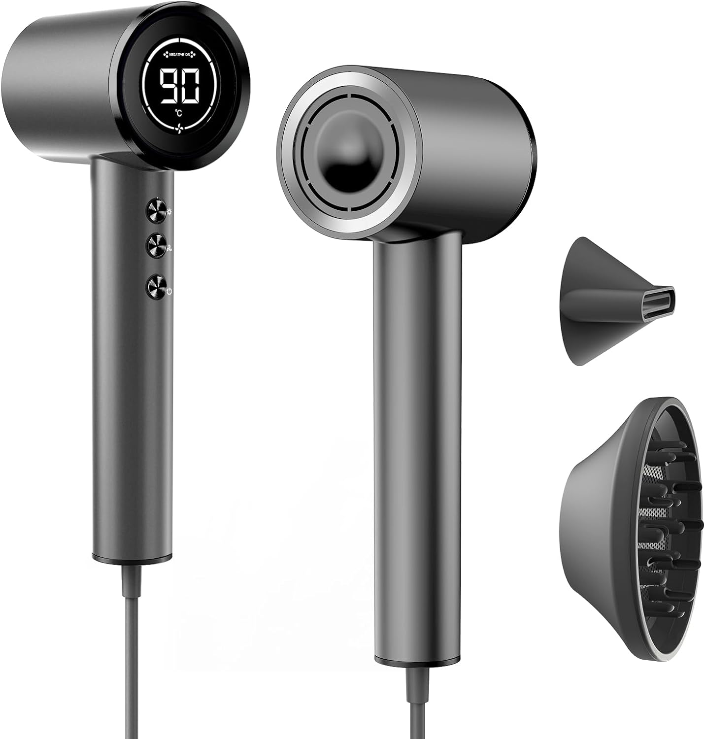 Hair Dryer with Diffuser,High Speed Negative Ionic Blow Dryer,24yd/S Airflow for Fast Drying,Low Noise Thermal Control Hair Dryer,Magnetic Nozzle,4 Temps,3 Speeds,HD Display for Home,Travel