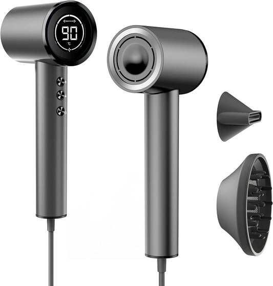 Hair Dryer with Diffuser,High Speed Negative Ionic Blow Dryer,24yd/S Airflow for Fast Drying,Low Noise Thermal Control Hair Dryer,Magnetic Nozzle,4 Temps,3 Speeds,HD Display for Home,Travel