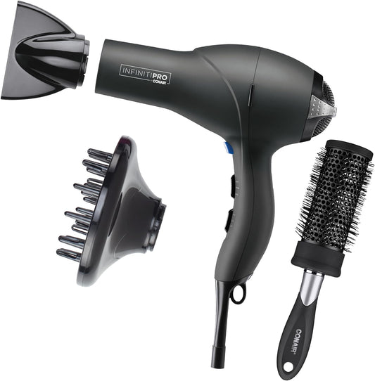 INFINITIPRO by CONAIR Hair Dryer, 1875W Salon Performance AC Motor Hair Dryer, Conair Blow Dryer, Grey with Bonus Blow-Out Brush