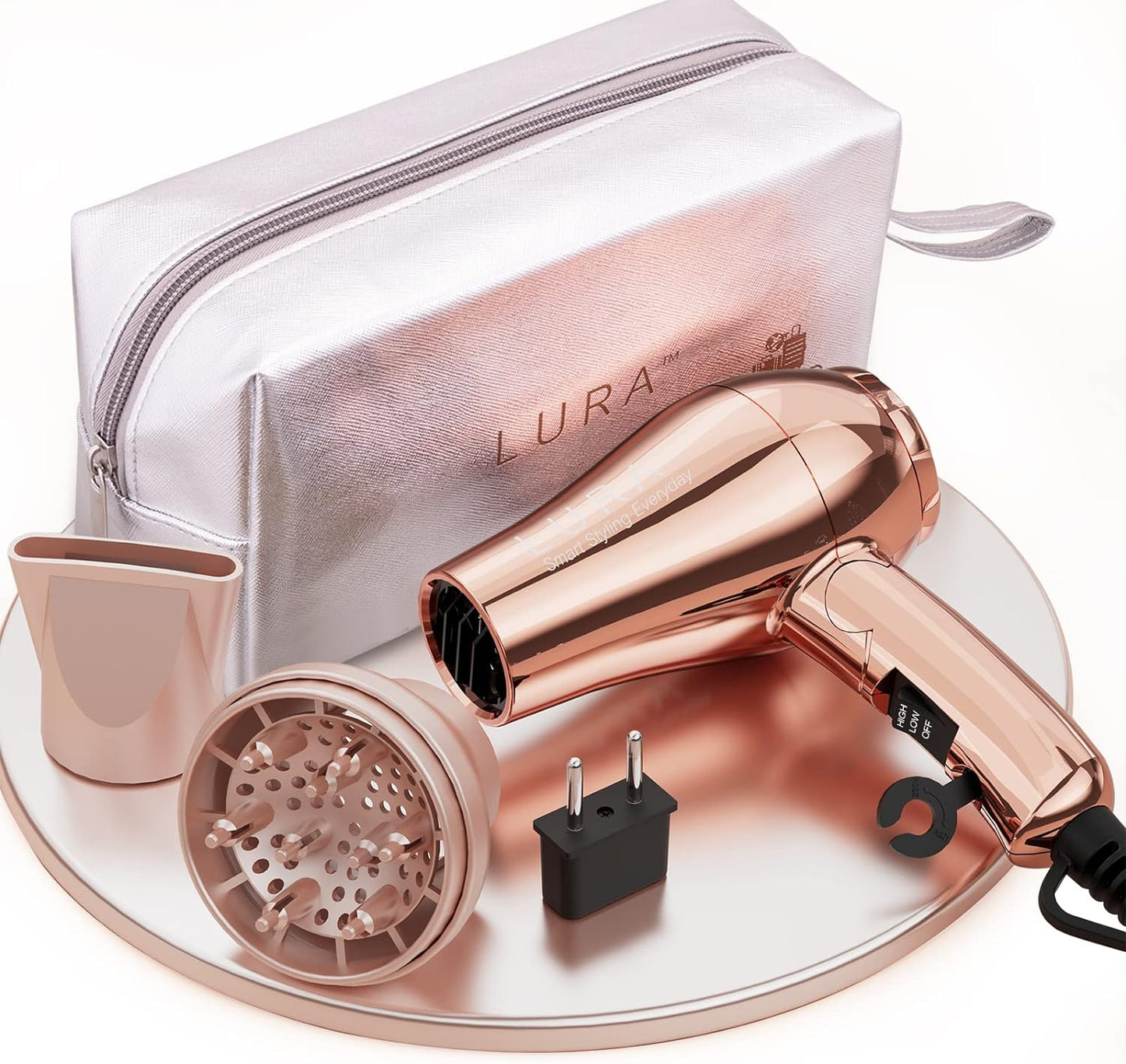 Travel Hair Dryer with Diffuser:Dual Voltage Blow Dryer with EU Plug，1200W Compact Hairdryer with Folding Handle,Small Lightweight Hairdryer for RA and Kids