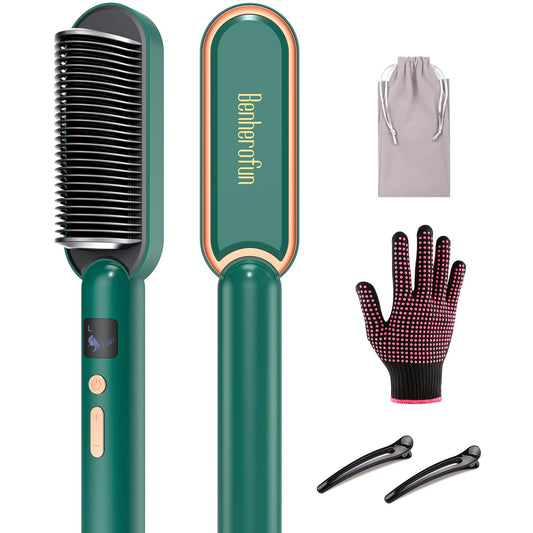 Hair Straightener Brush, Benherofun Ring Hair Straightener Comb Straightening Brush for Women with 20s Fast Heating, Anti-Scald & LED Screen