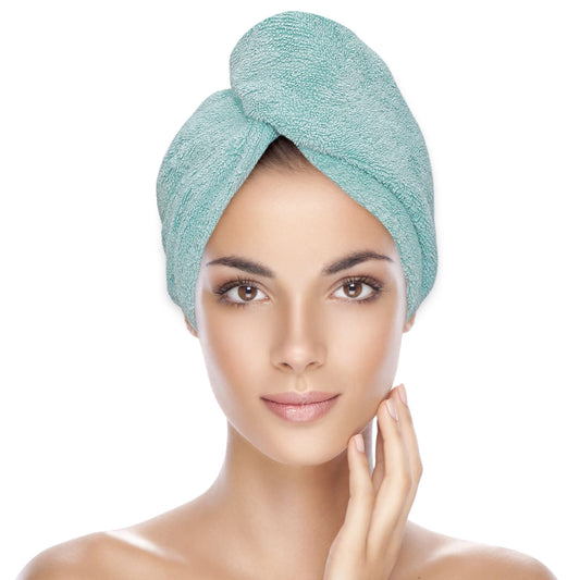 KEEPOZ Zero Twist 100% Cotton Hair Towel Wrap | Hair Turban | Rapid Drying Towels with Button | Anti Frizz Hair Towel with Elastic Strap | Women Hair Wraps for Long Wet Hair (Ocean Green)