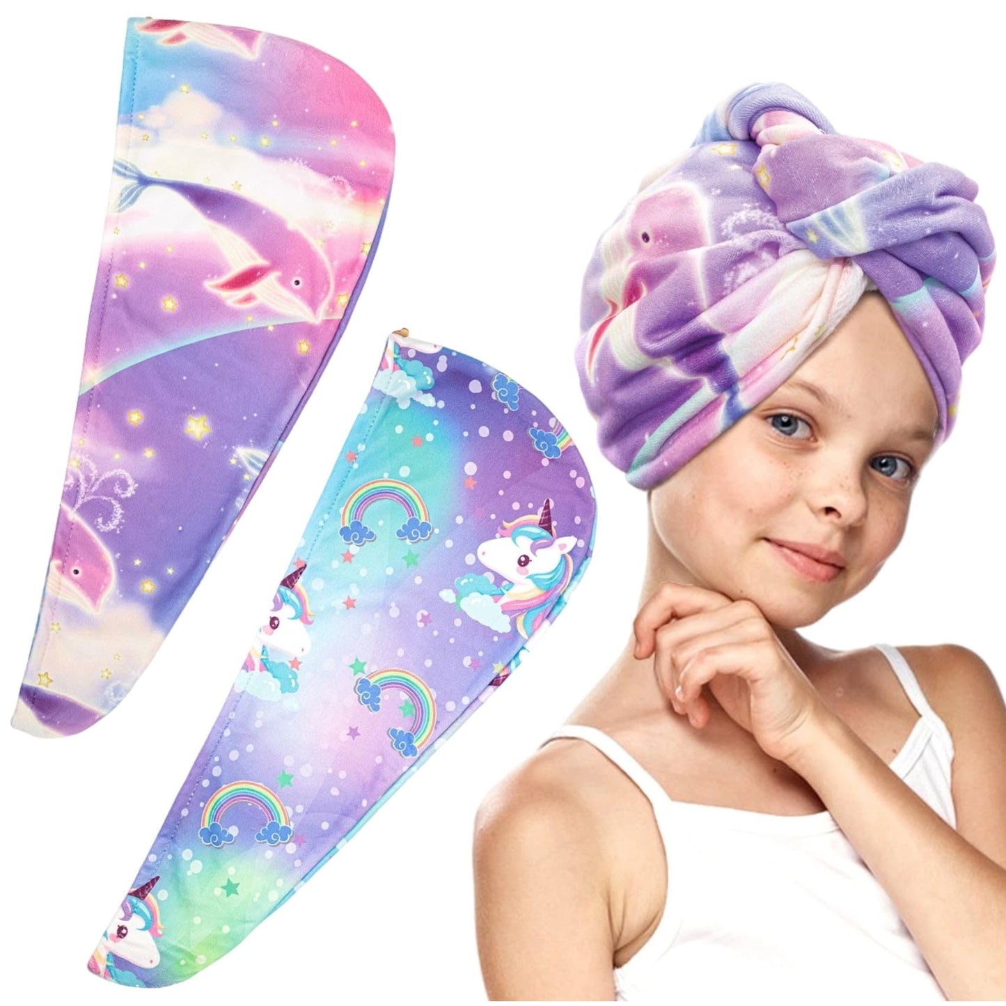 CBLBXYB 2 Pack Hair Towel Wrap for Kids Girls Woman, Unicorn & Dolphin Microfiber Rapid Drying Hair Anti Frizz Towel with Button Hair Turbans for Wet Hair
