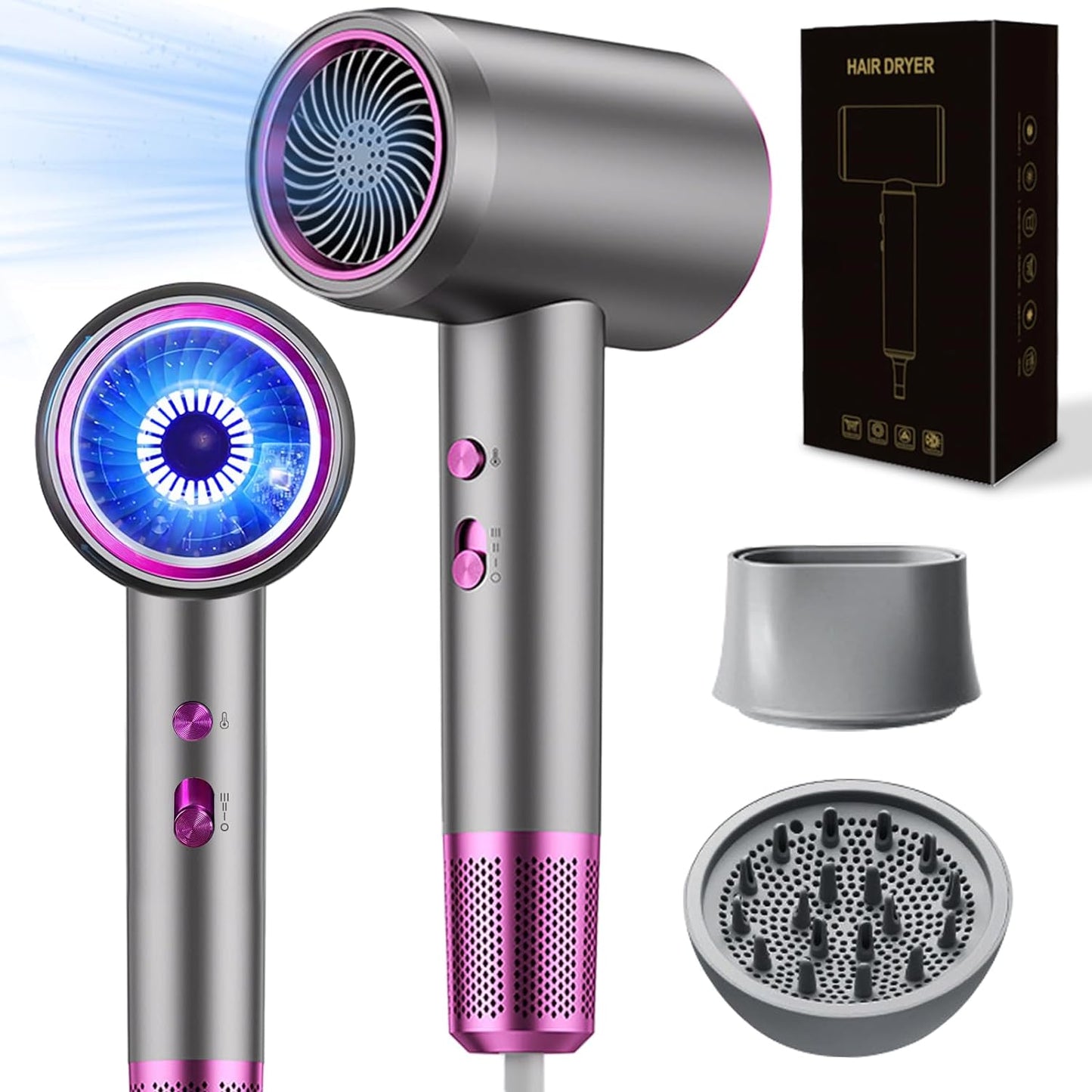 Professional Ionic Hair Dryer, High Speed Hair Dryer with Diffuser and Nozzle, Fast Drying, Lightweight and Low Noise Temperature Control-HD Gray