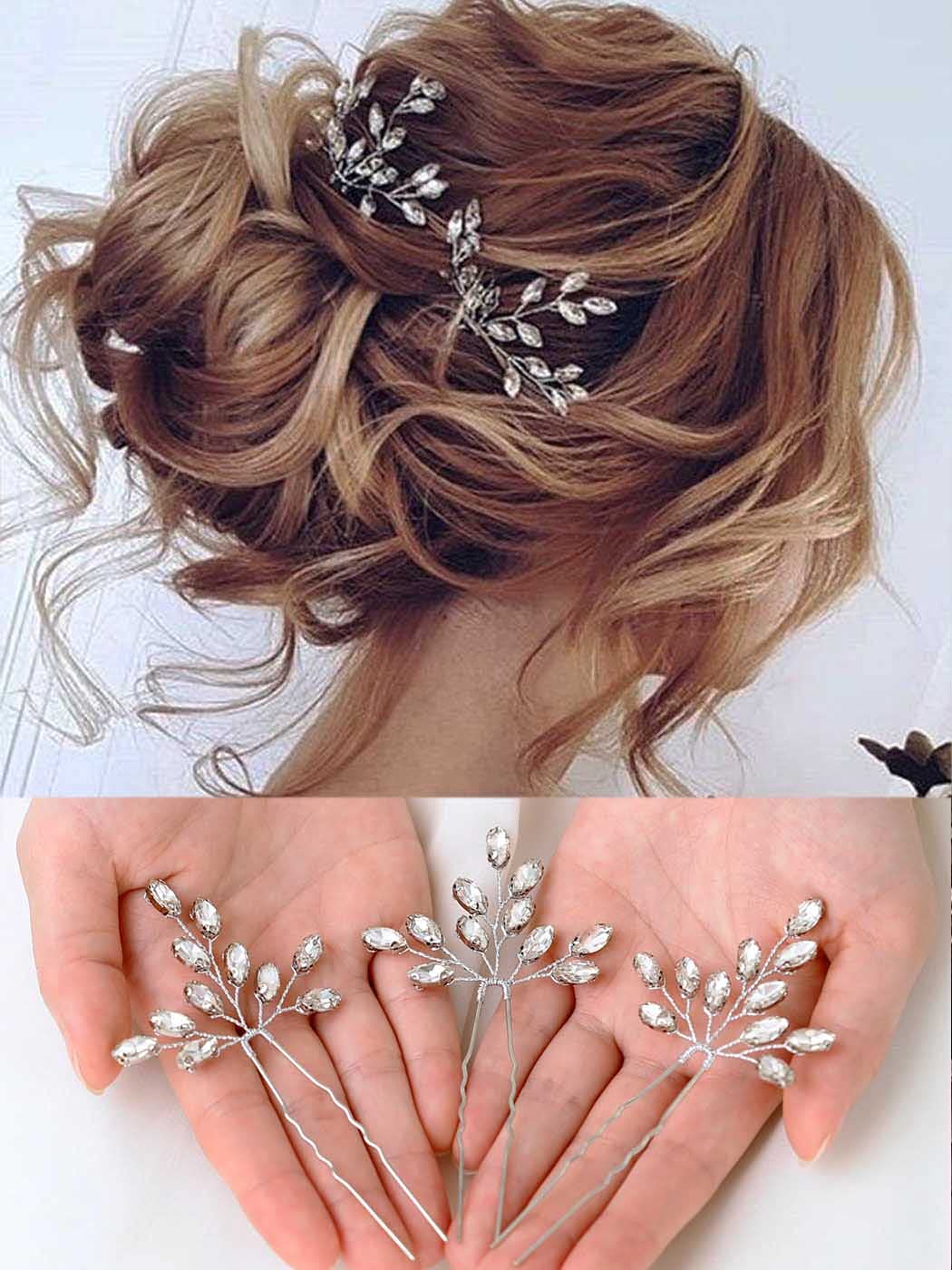 Heread Crystal Bride Wedding Hair Pins Rhinstones Bridal Hair Accessories Head Piece for Women and Girls (Pack of 3) (A Silver)