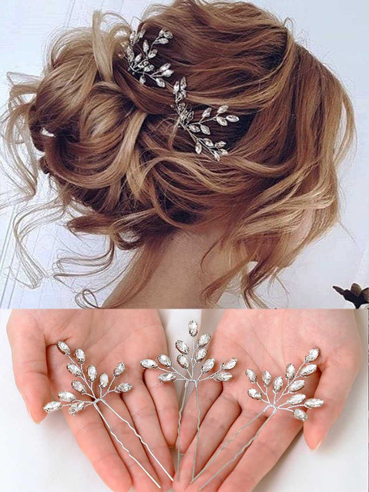 Heread Crystal Bride Wedding Hair Pins Rhinstones Bridal Hair Accessories Head Piece for Women and Girls (Pack of 3) (A Silver)