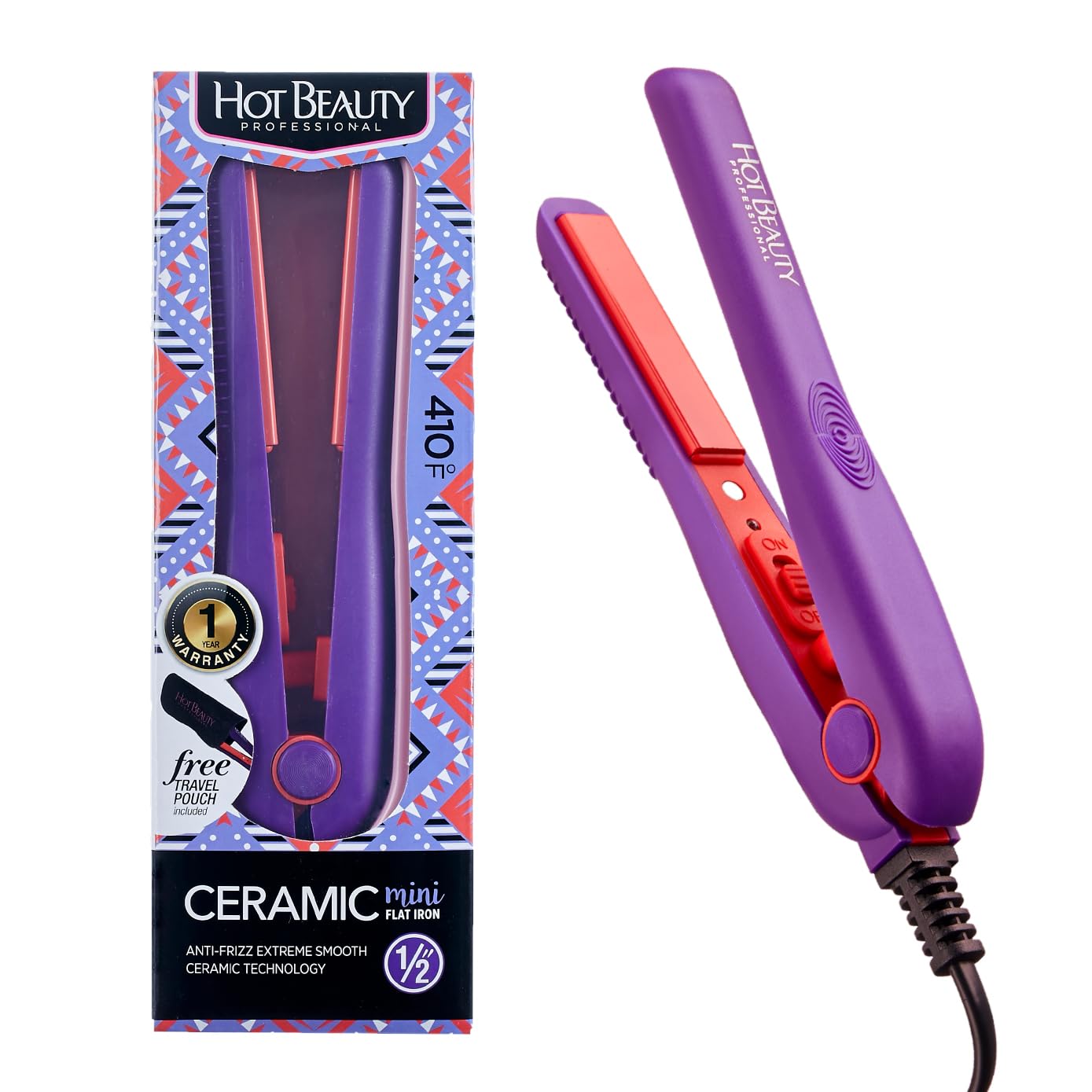 Hot Beauty Professional Ceramic Mini Flat Iron 1/2", Anti-Frizz, Fast Heating, Versatile Styling for Curly & Straight Hair, Ideal for Traveling with Travel Pouch (Violet)