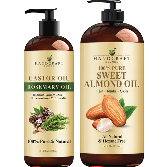 Handcraft Castor Oil with Rosemary Oil and Sweet Almond Oil for Hair Growth, Eyelashes and Eyebrows - 100% Pure and Natural Carrier Oil, Hair Oil and Body Oil - 8 fl. Oz & 16 fl. Oz