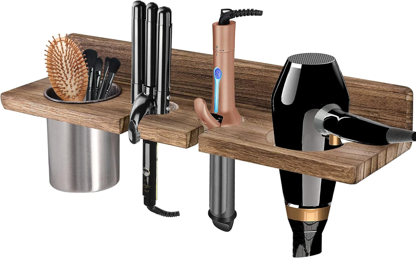Bathroom Wall Mounted Hair Dryer Holder Hair Care & Styling Tool Organizer, Farmhouse Wooden Beauty Hair Appliance Holder for Flat Iron, Curling Wand, Hair Straighteners, Brushes
