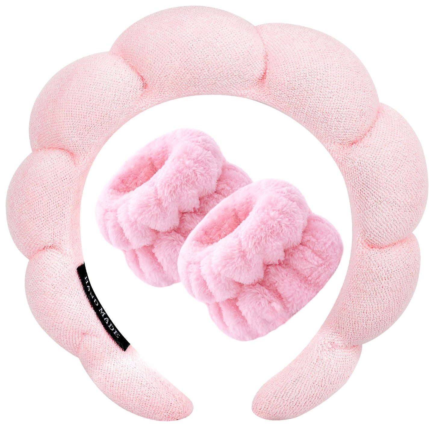 Zkptops Spa Headband for Washing Face Wristband Set Sponge Makeup Skincare, Terry Cloth Bubble Soft Get Ready Hairband for Women Girl Puffy Padded Headwear Non Slip Thick Hair Accessory(Pink)