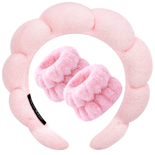 Zkptops Spa Headband for Washing Face Wristband Set Sponge Makeup Skincare, Terry Cloth Bubble Soft Get Ready Hairband for Women Girl Puffy Padded Headwear Non Slip Thick Hair Accessory(Pink)