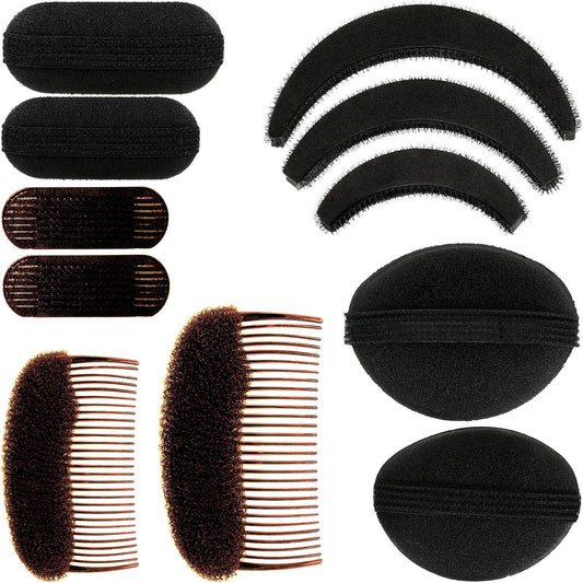 11 Pieces Sponge Volume Hair Bases Set Bump it Up Inserts Hair Styling Tools Bump Up Combs Clips Sponge Hair Bun Updo Accessories for Women Girl DIY Hairstyles (Black, Brown)