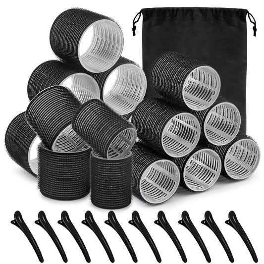 Self grip hair roller set 16 pcs,Heatless hair curlers,Hair rollers with hair roller clips and comb,Salon hairdressing curlers,DIY Hair Styles, Sungenol 2 Sizes Black Hair Rollers in 1 set