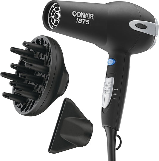 Conair 1875-Watt Ionic Ceramic Hair Dryer with Diffuser and Concentrator, Black