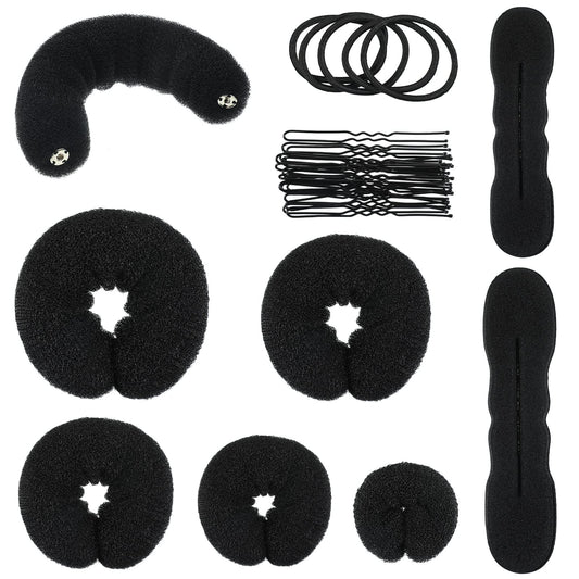 34 Pieces Donut Hair Bun Maker Ring Style Bun Maker Set Includes 5 Black Donut Hair Bun Holder 4 Sponge Foam Bun Hair Maker Small Large Bun Shaper 5 Hair Elastic Bands 20 Hair Pins for Hair DIY