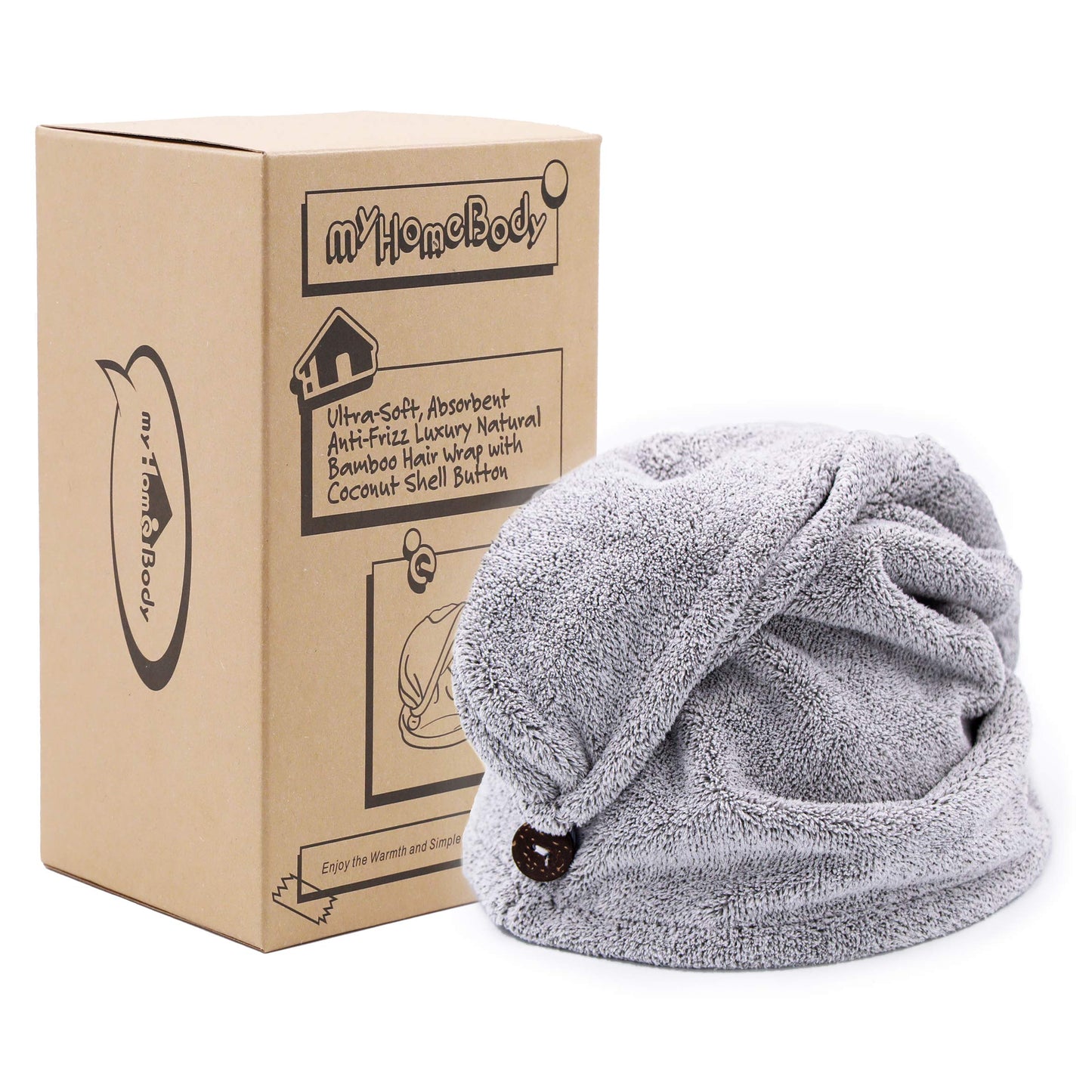 myHomeBody Hair Towel Wrap | Luxury Rapid-Dry Hair-Drying Turban | Ultra Soft and Quick Drying Absorbent Charcoal Fiber, with Coconut Shell Button - Gray