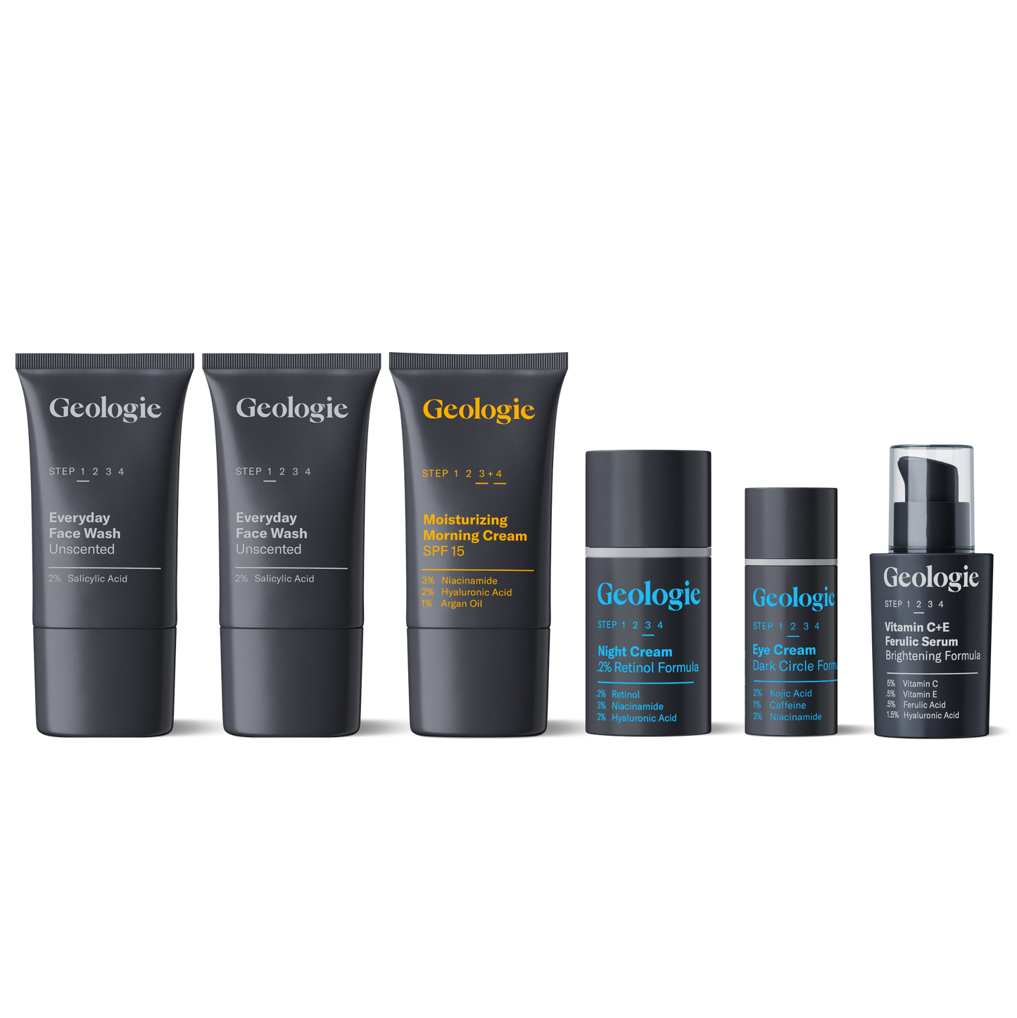 A collection of Geologie men's skincare products arranged in order of use.
