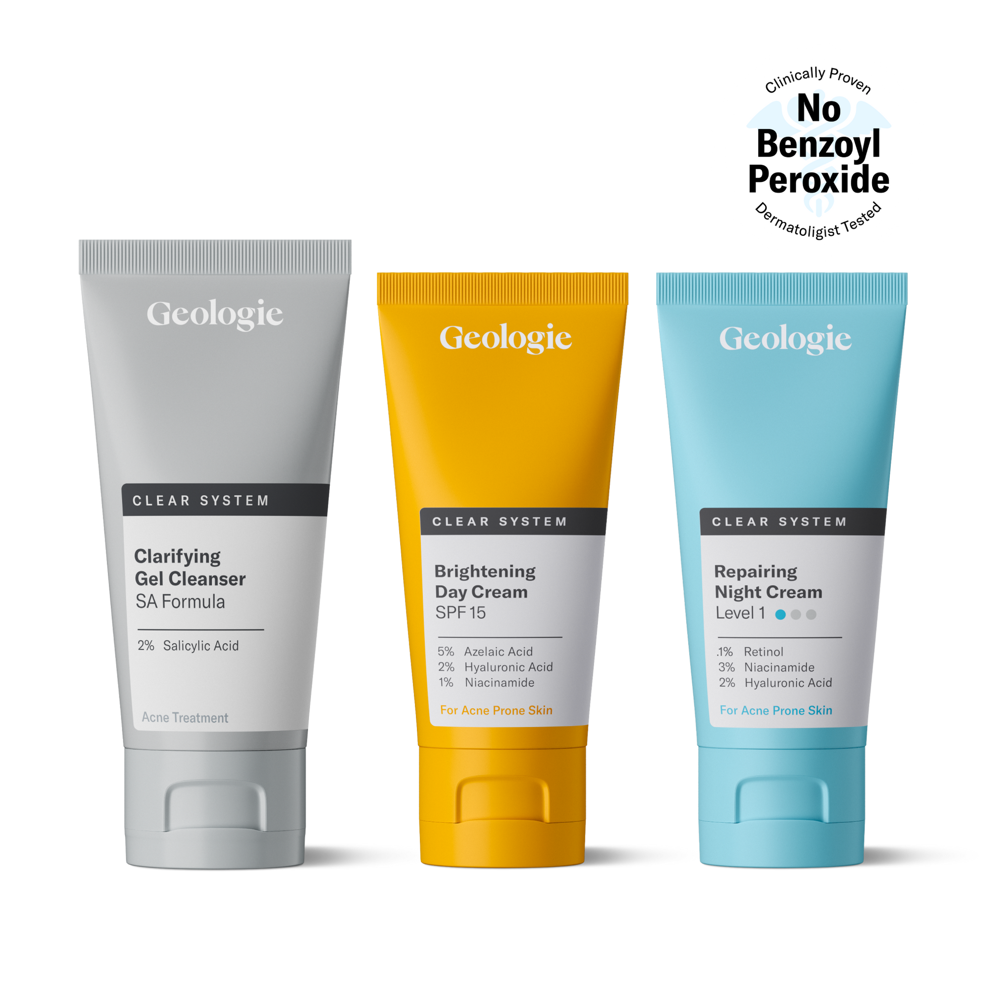 Three tubes of Geologie's Clear System skincare products, including a clarifying salicylic acid formula, a brightening SPF 15 day cream, and a repairing night cream with retinol, clinically proven to clear acne.