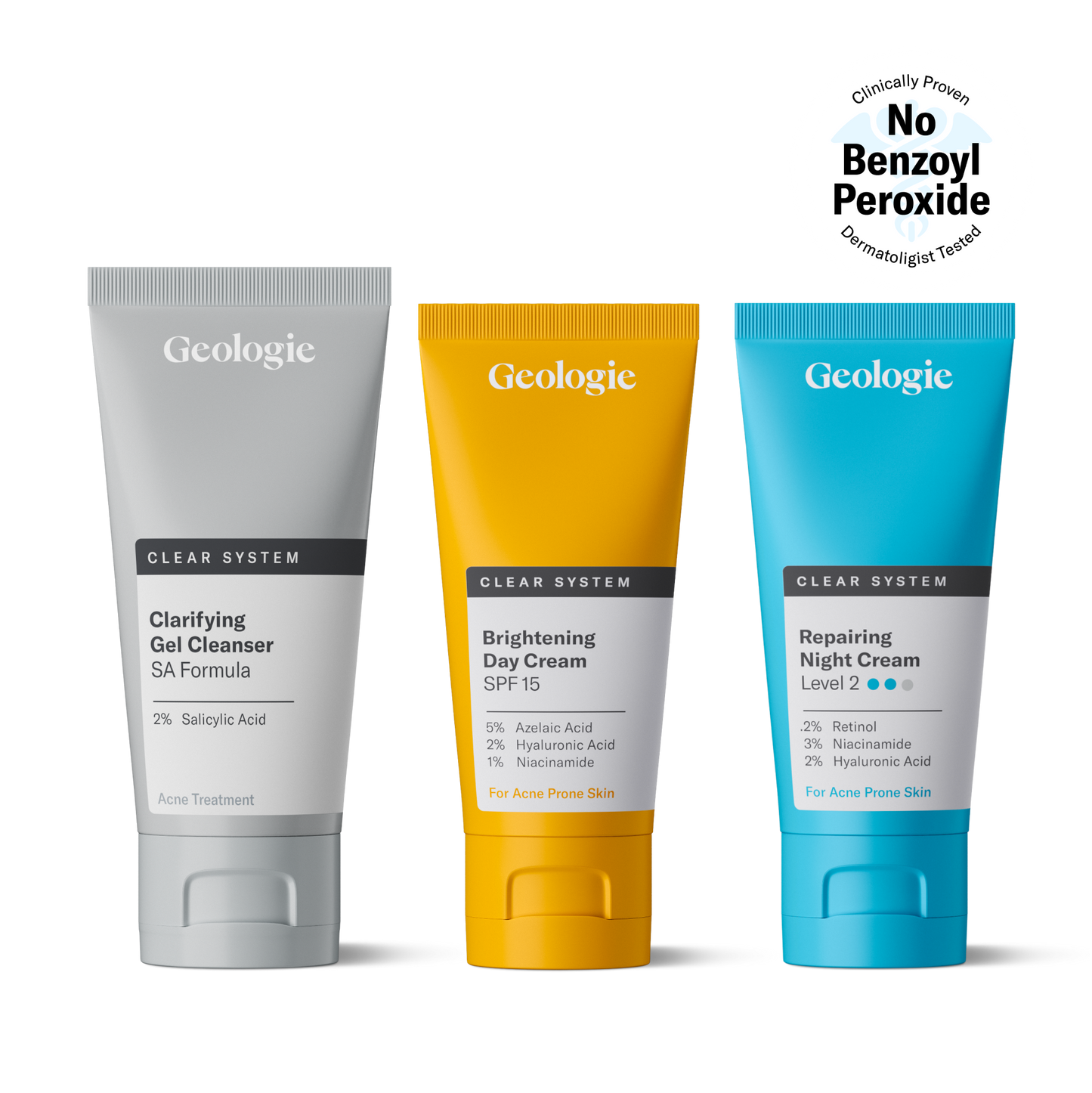Three Geologie Clear System skincare products featuring salicylic acid acne treatment, spf15 day cream, and retinol repairing night cream, respectively.