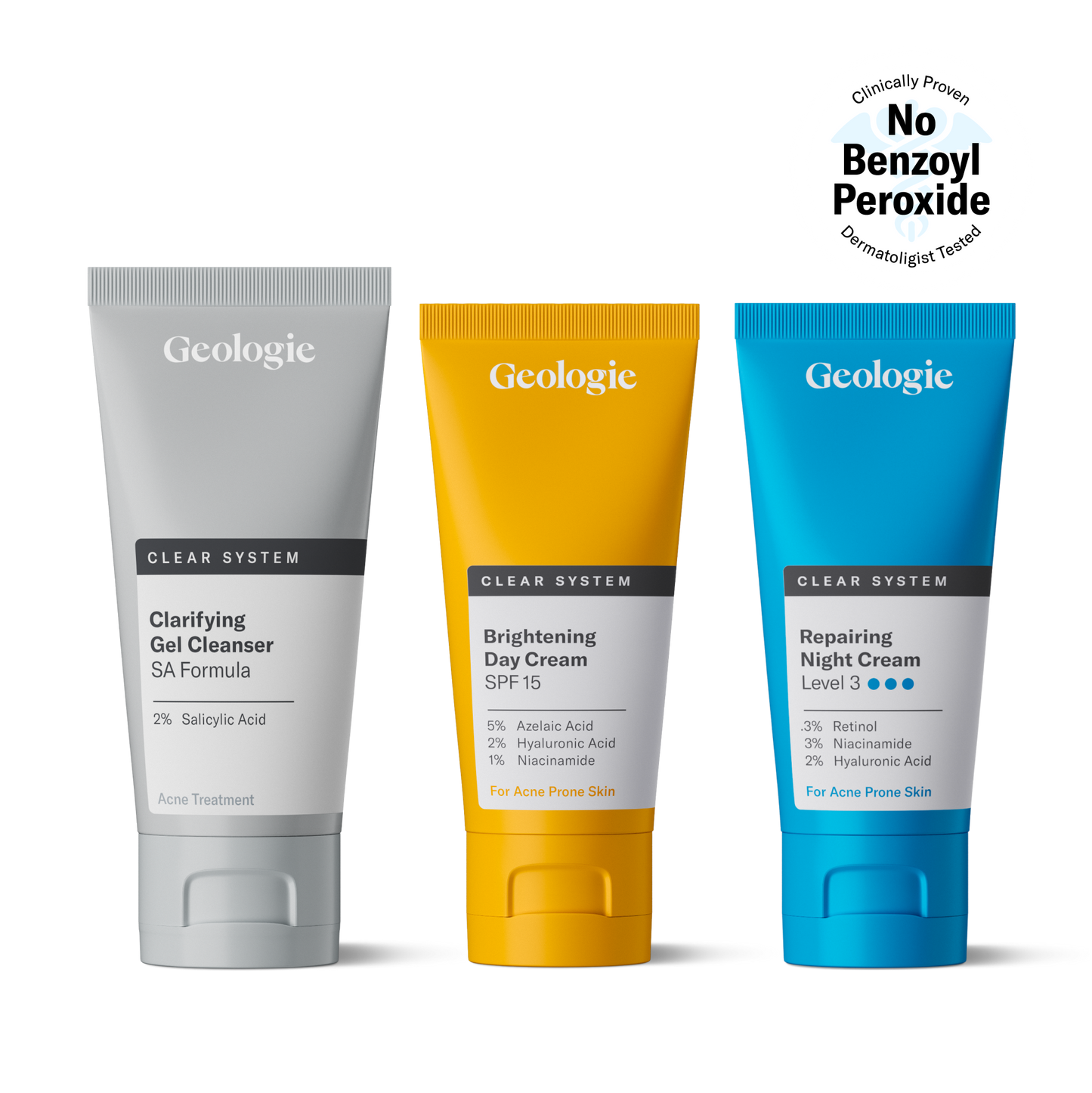 Three skincare products from the Clear System line by Geologie, including a clarifying sa formula gel, SPF15 brightening day cream, and replenishing level 3 night cream – all claiming to be