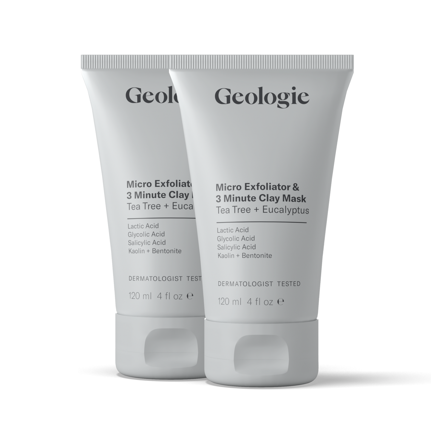 Two tubes of Geologie Micro Exfoliator & 3 Minute Clay Mask against a white background.