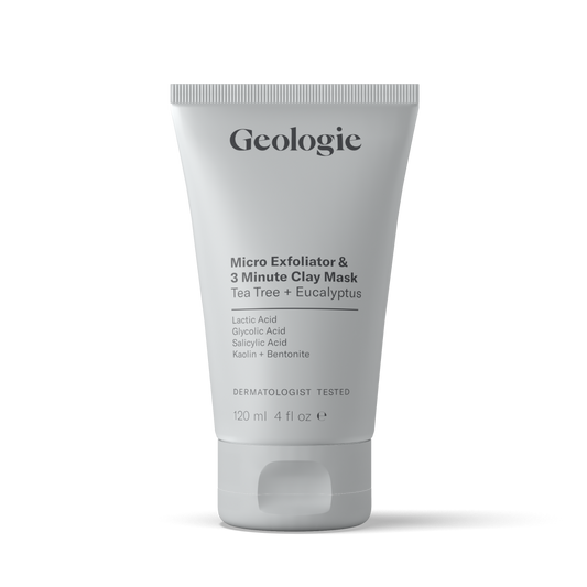 A tube of Geologie's Micro Exfoliator & 3 Minute Clay Mask against a solid background, highlighting its ingredients and dermatological testing for its purifying mask.