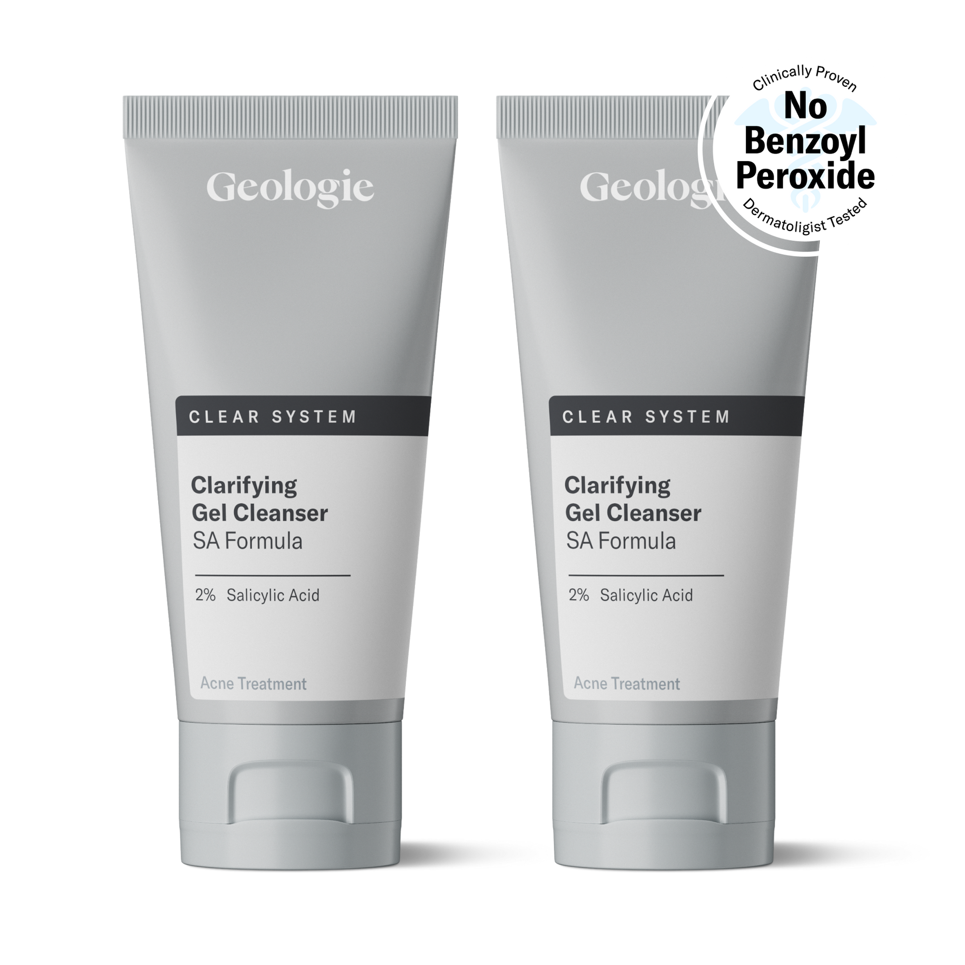 Two tubes of Geologie Clear System - Clarifying Gel Cleanser with 2% salicylic acid for acne treatment, positioned side by side against a transparent background.