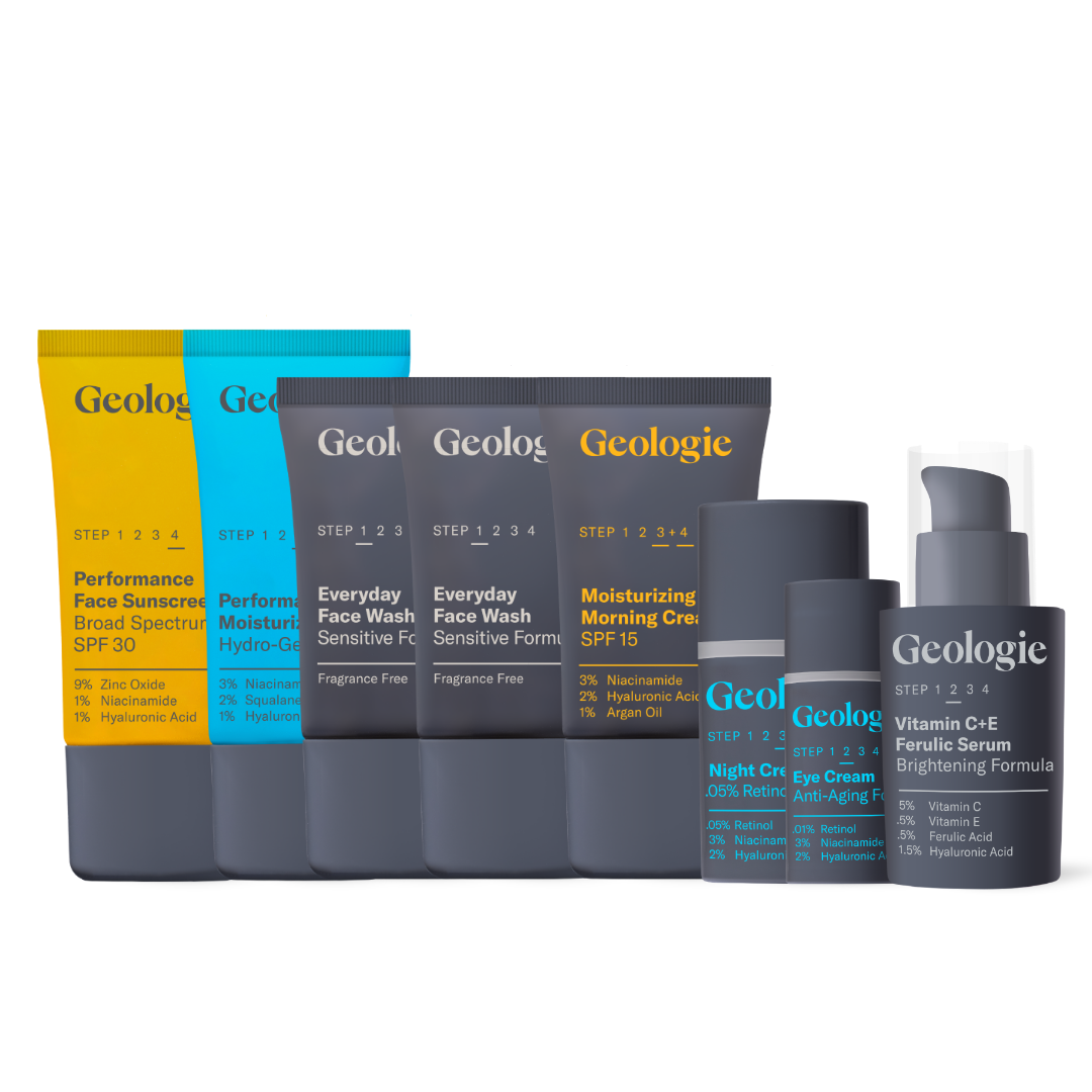 A variety of Geologie Deluxe Skincare Routine products arranged side by side against a transparent background.