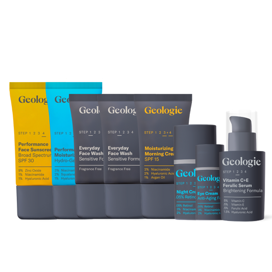A variety of Geologie Deluxe Skincare Routine products arranged side by side against a transparent background.